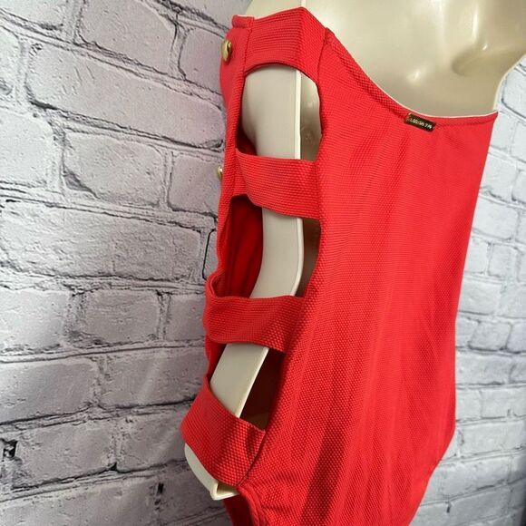 Alexandra Miro Bella Swimsuit Cut-Out Side Gold Heart Buttons Textured Red M NWT - Picture 9 of 10